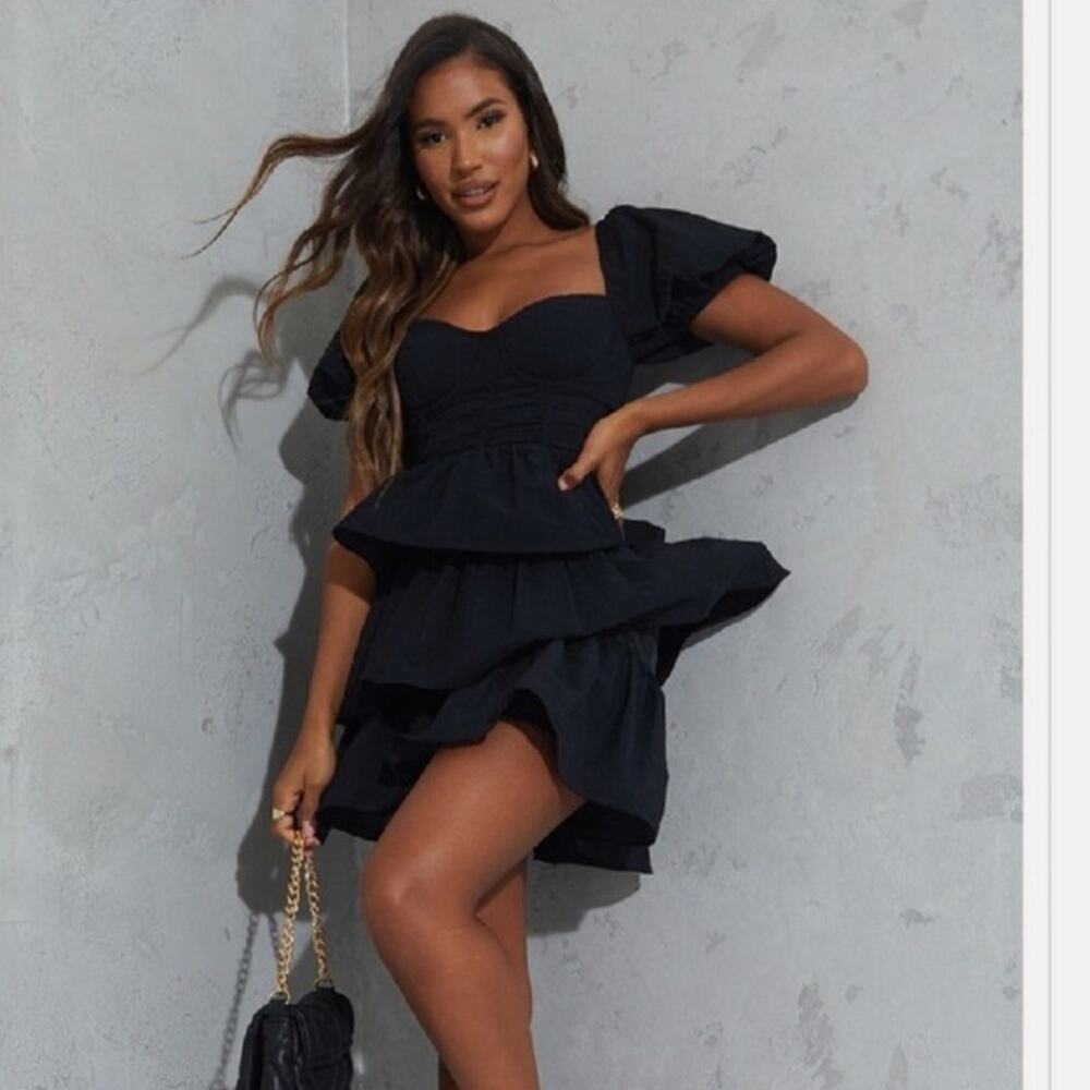 Pretty Little Thing Black Crinkle Tiered Skater Dress